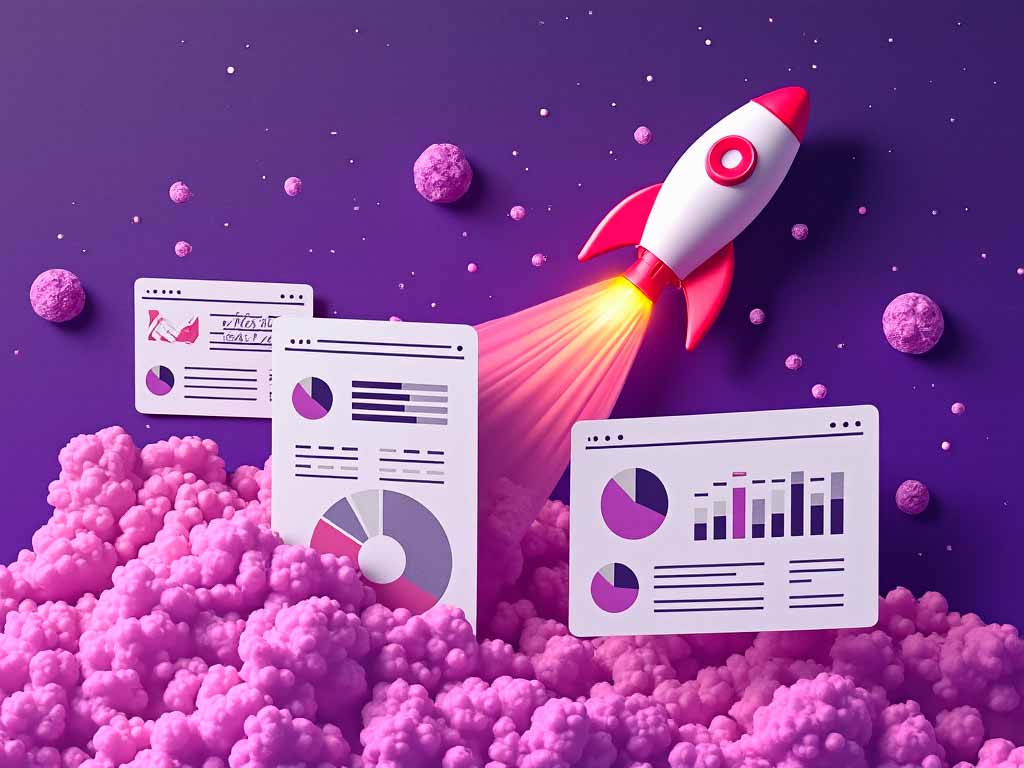 Foguete entre gráficos de desempenho com engrenagens, simbolizando automação e ferramentas.