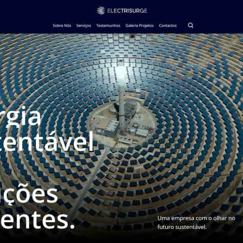 Vista da secção inicial da homepage do website Electrisurge.pt com destaque para serviços profissionais de eletricidade