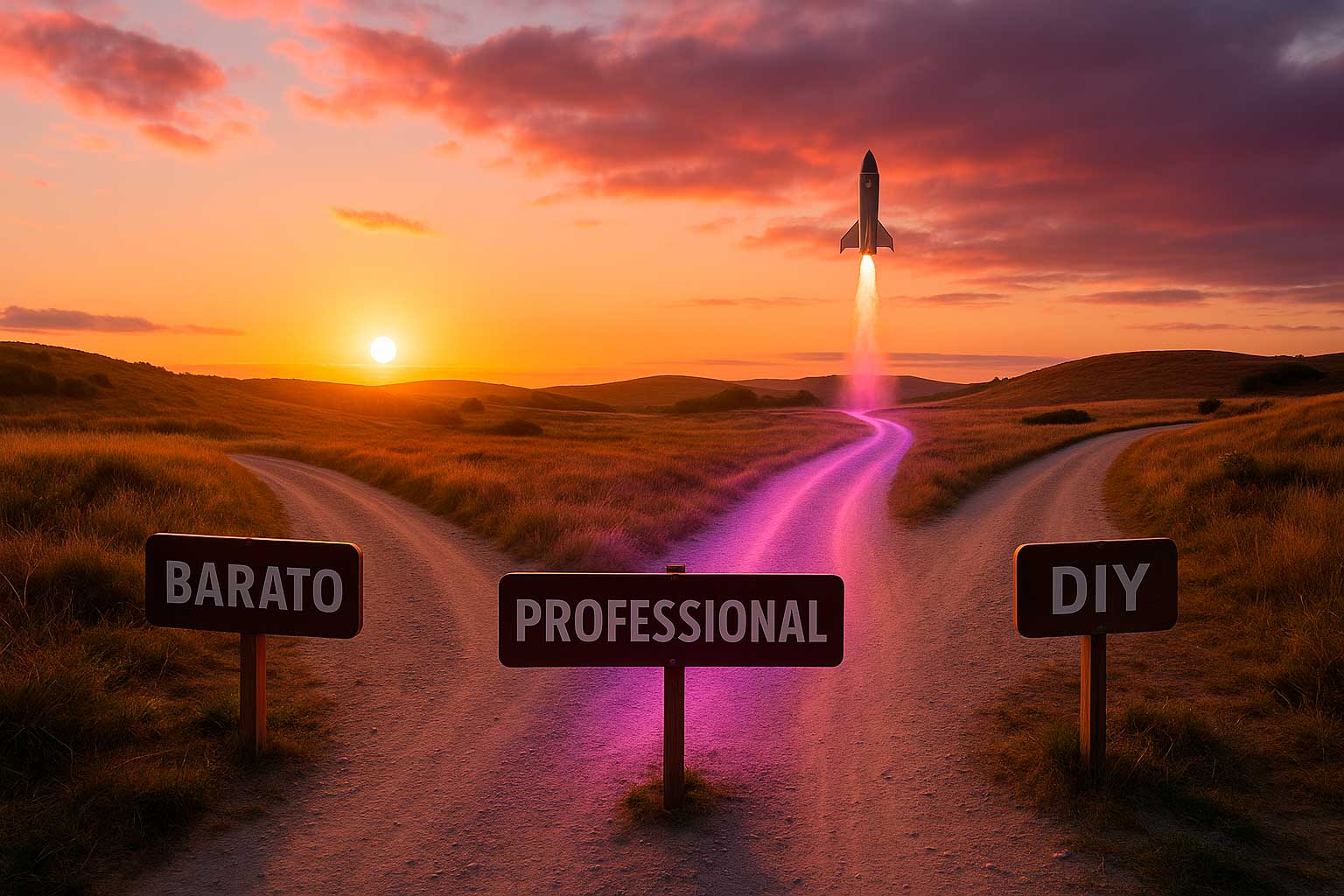 Paisagem ao pôr do sol com três caminhos: barato, profissional e DIY. Um foguete descola no caminho profissional.