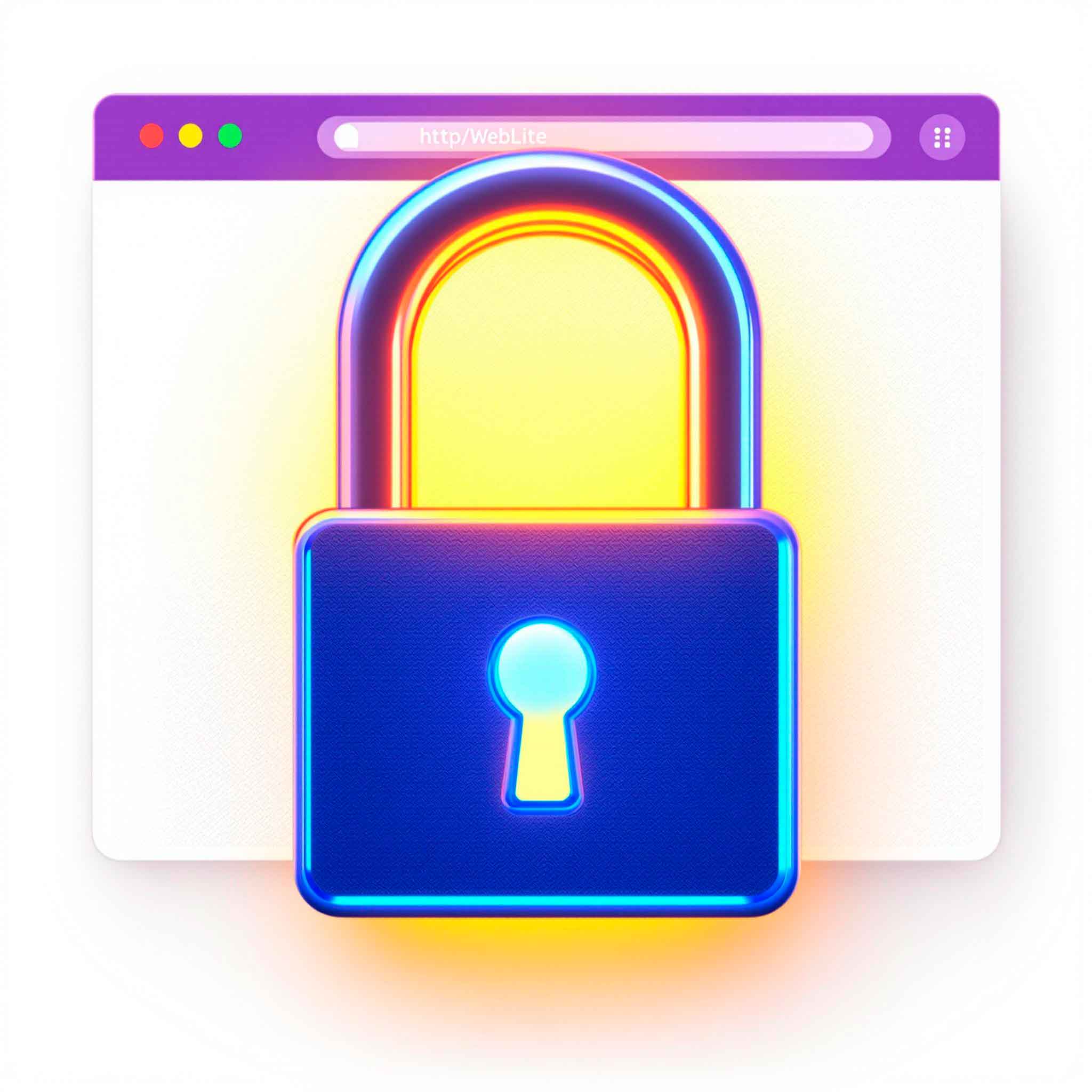 Cadeado digital sobre interface de site WebLite com HTTPS visível