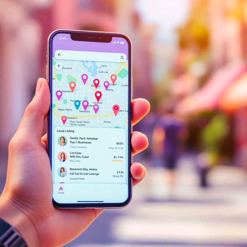 Telemóvel a mostrar mapa com localizações de negócios, simbolizando visibilidade com site para um negócio local