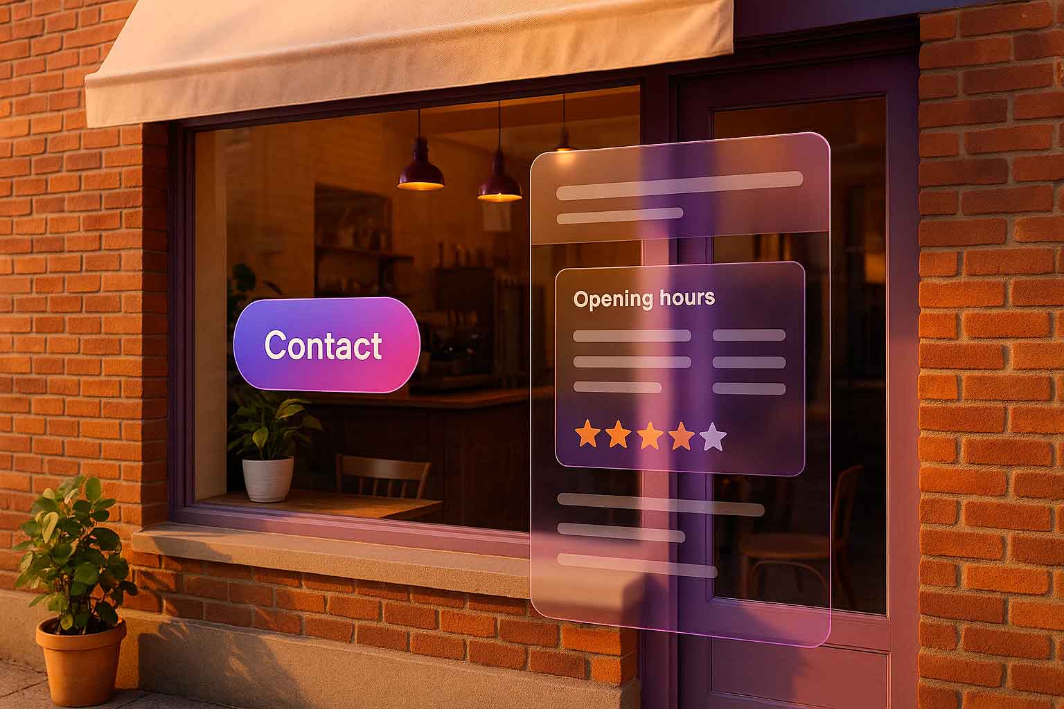 Montra de loja com elementos digitais como contacto e horário, a ilustrar utilidade de site para um negócio local