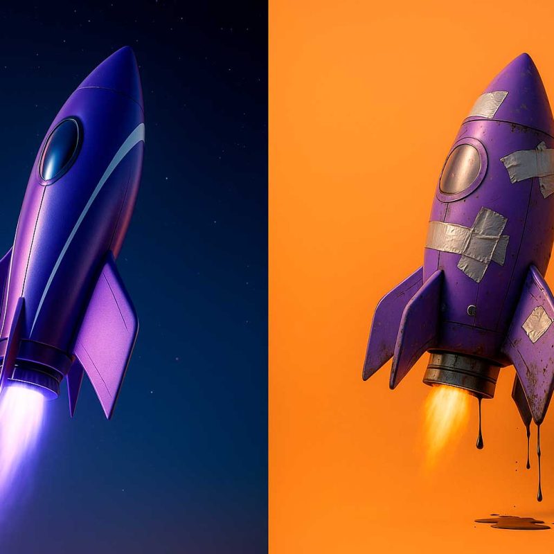Foguete moderno vs foguete remendado a simbolizar diferenças entre site profissional e site comum.