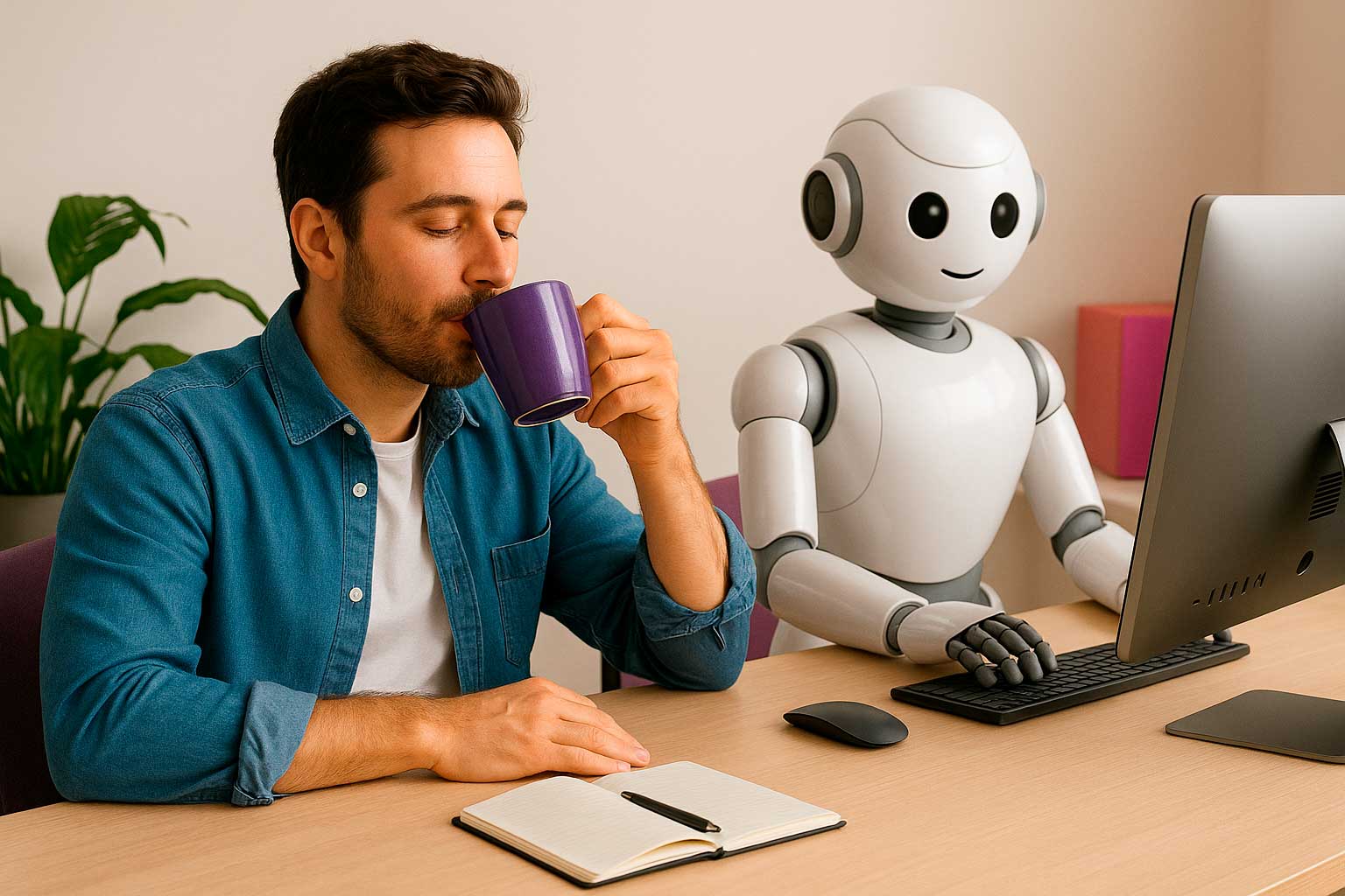 Empresário a relaxar enquanto um robô simpático trabalha no computador. Vale a pena ter um site.