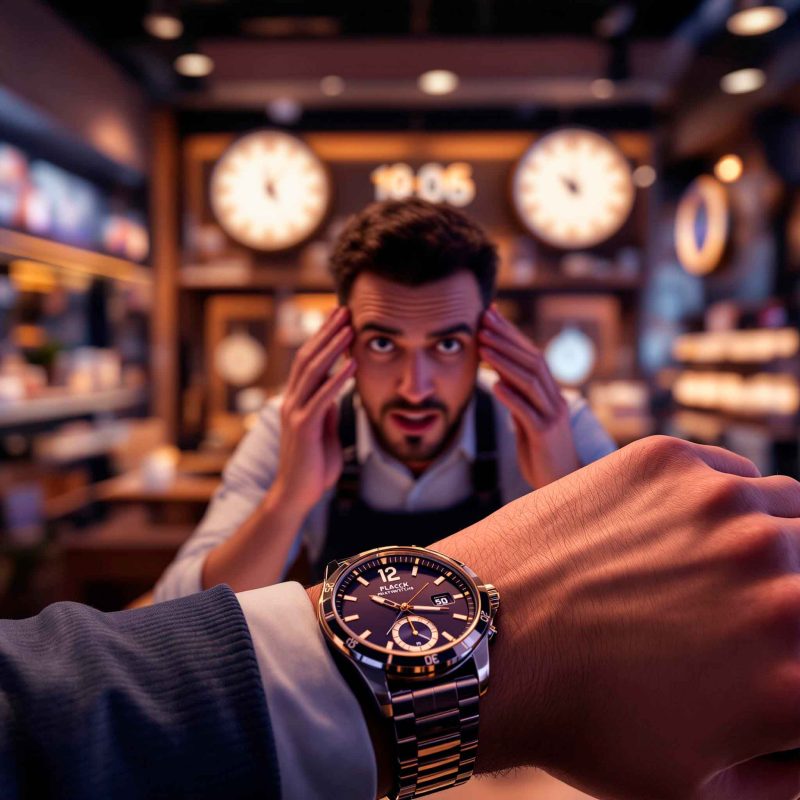 Empresário em stress a olhar para o relógio com pressão de tempo. Vale a pena ter um site.